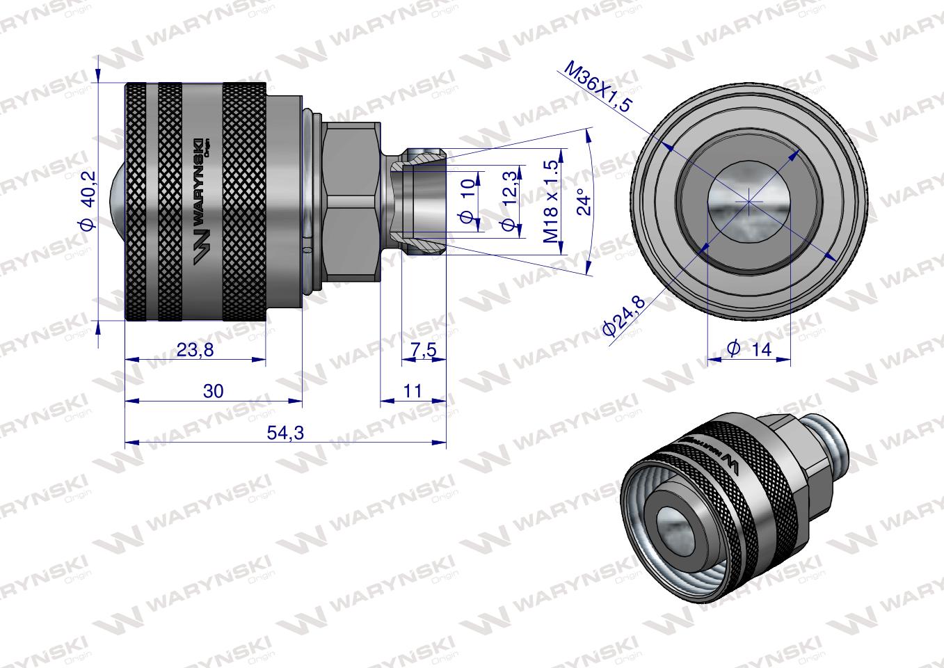 Komplet - zawór wtyczka (Bizon) M18x1.5 skręcane (ZSR6160102) z gwintowaną pokrywą/osłoną aluminiową Waryński