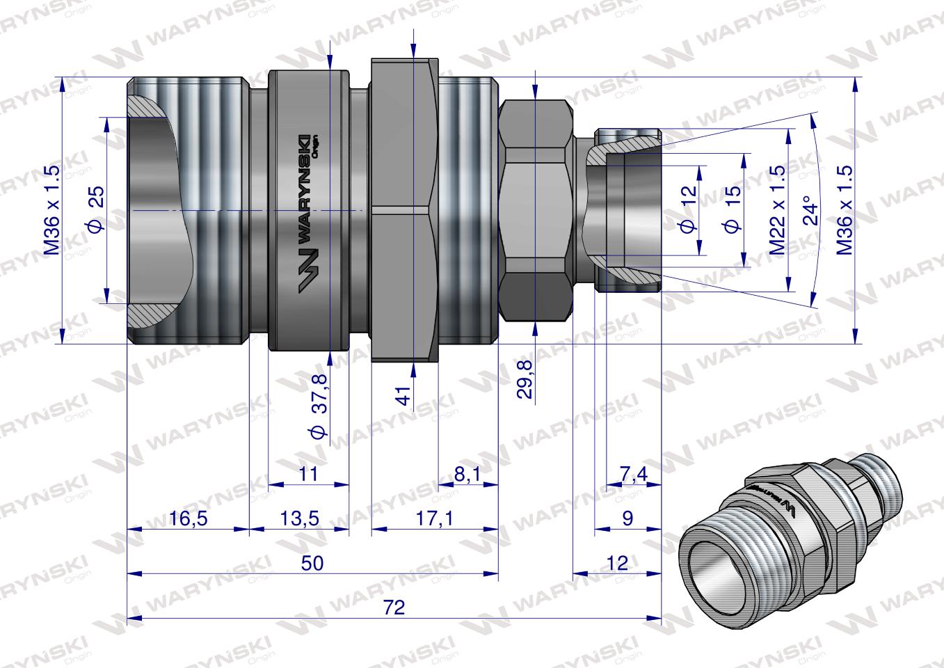 Zawór gniazdo M22x1.5 skręcane (50490020) Waryński  (opakowanie 10szt)