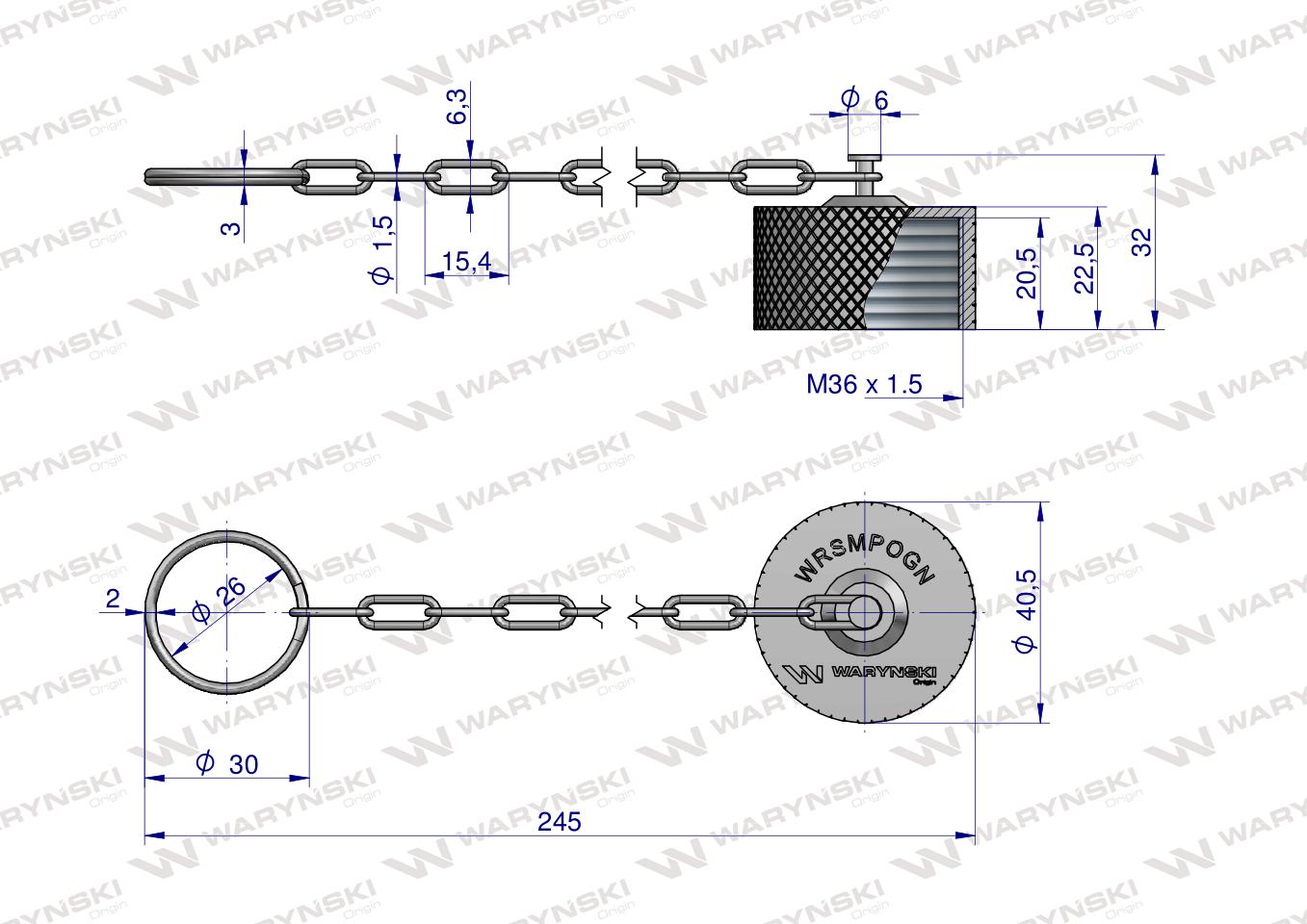 Komplet - zawór gniazdo M22x1.5 skręcane (50490020) z gwintowaną pokrywą/osłoną aluminiową Waryński