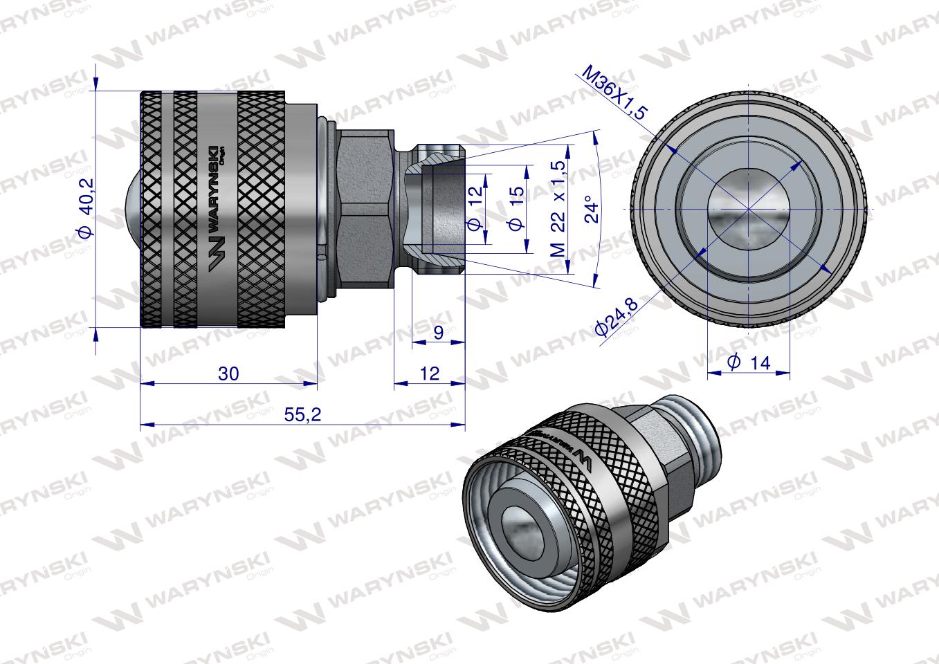 Zawór wtyczka M22x1.5 skręcane (50490030) Waryński (opakowanie 50szt)