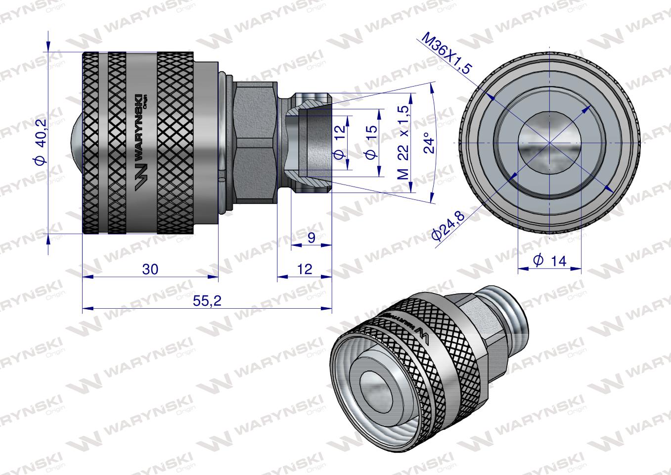 Zawór wtyczka M22x1,5 skręcane (50490030) Waryński