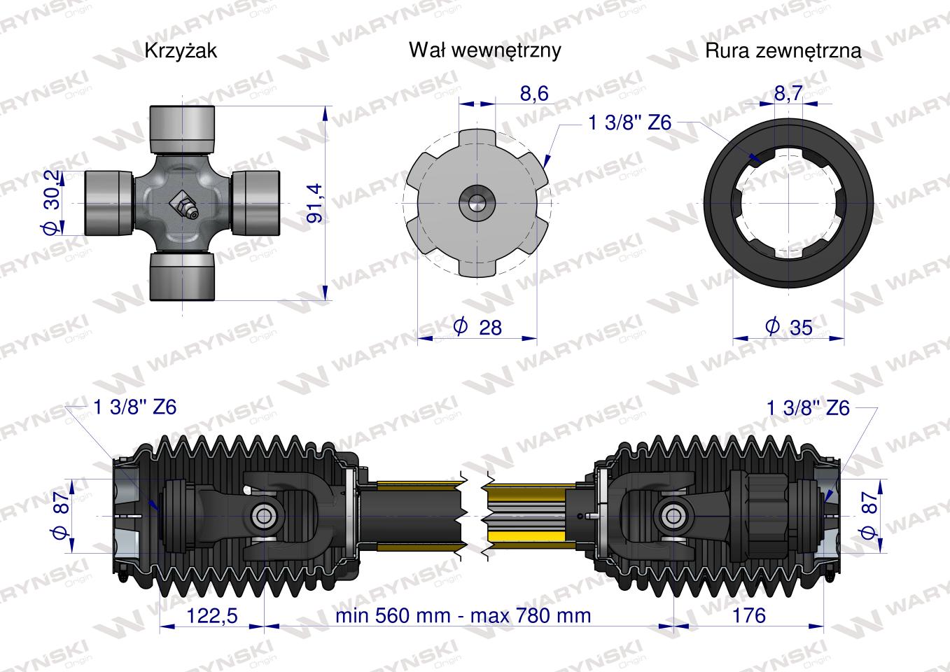 Wał, przegubowo-teleskopowy 560-780mm 830Nm osłonięty CE 2020 seria6S, Waryński