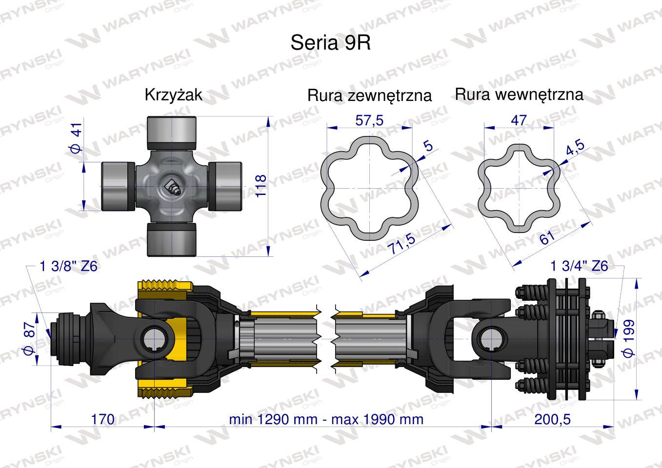 Wał przegubowo-teleskopowy 1290-1990mm 1950Nm sprzęgło cierne 2500Nm Z6 - 1 3/4 CE 2020 seria 9X Waryński
