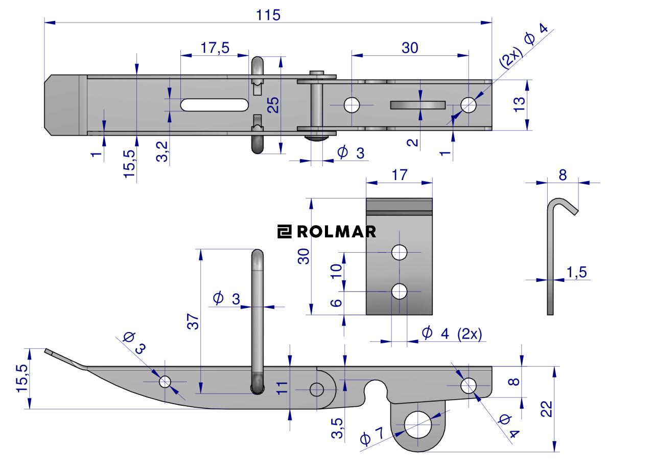 Spinacz. zaczep. zamek burty uniwersalny 115 mm x 17 mm. ze skoblem. klamra z drutu fi-3mm