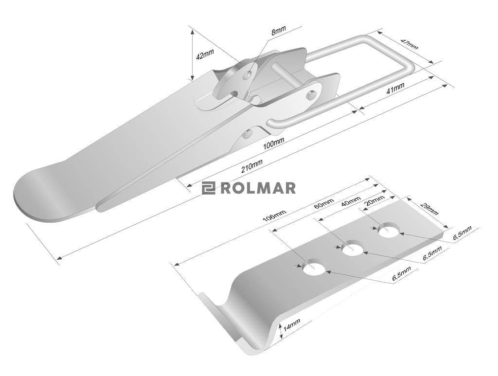 Spinacz. zaczep. zamek burty uniwersalny 210 mm x 47 mm. klamra z drutu fi-5mm