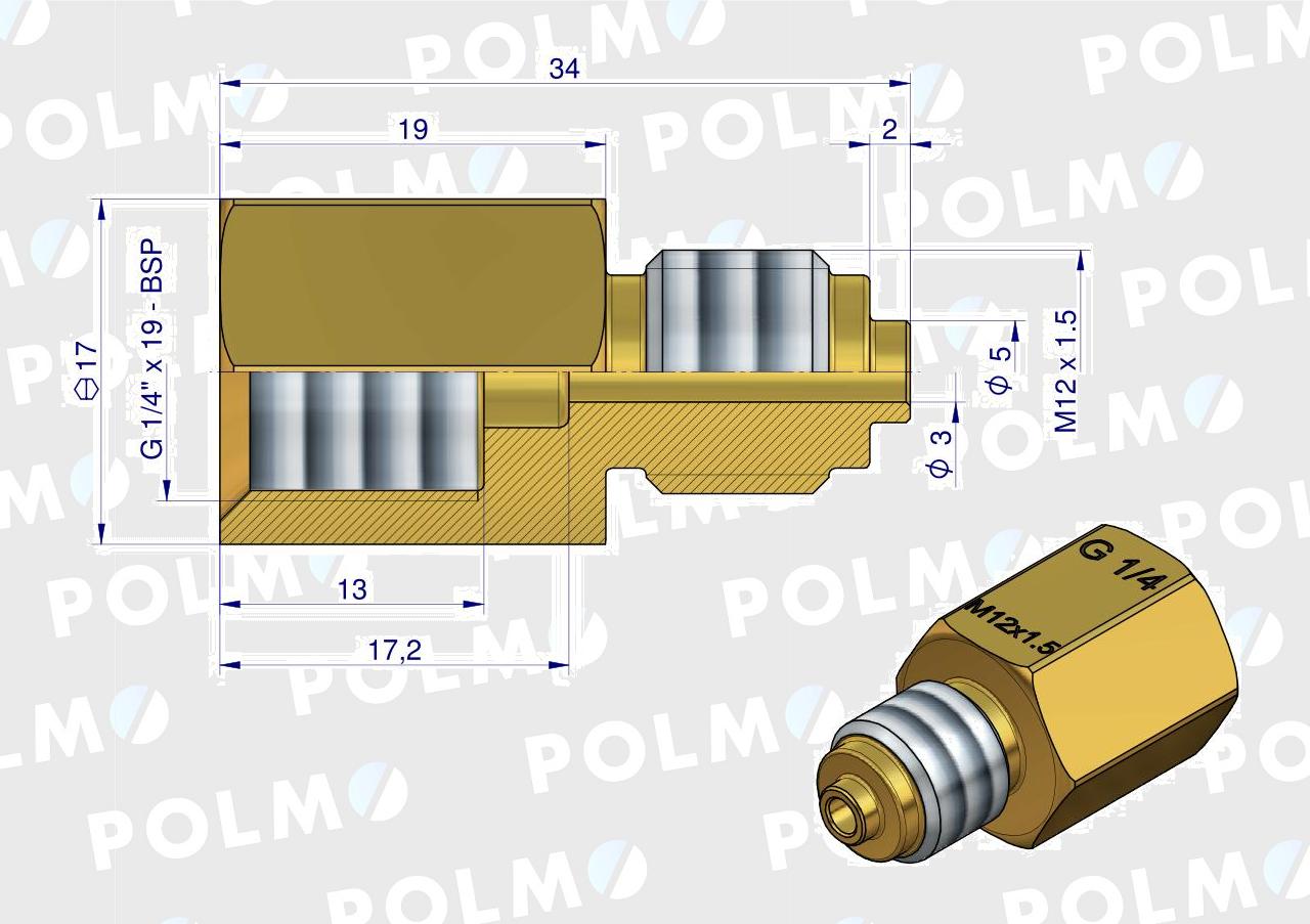 Złączka manometryczna gwint zewnętrzny M12x1.5 x gwint wewnętrzny G1/4" (mosiądz) POLMO