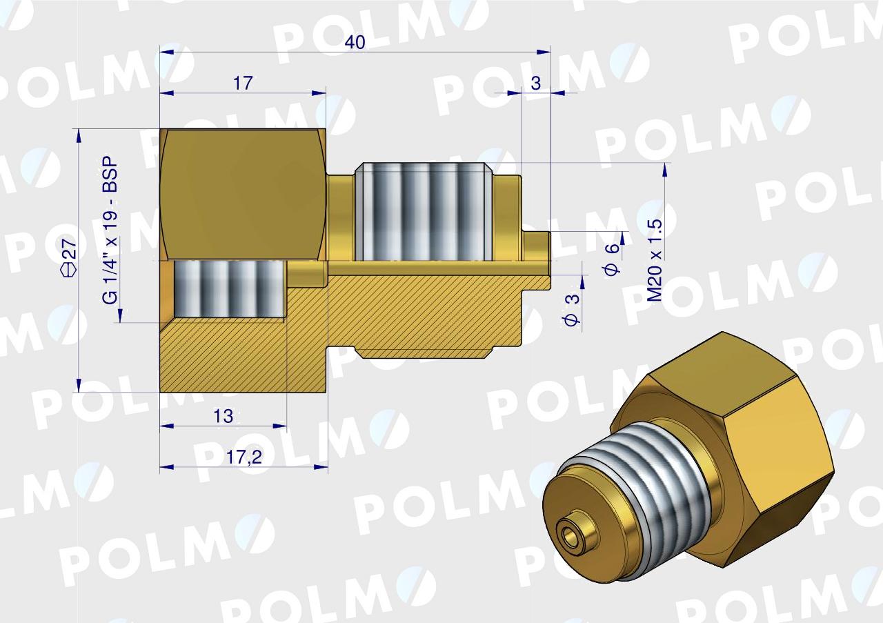 Złączka manometryczna gwint zewnętrzny M20x1.5 x gwint wewnętrzny G1/4" (mosiądz) POLMO