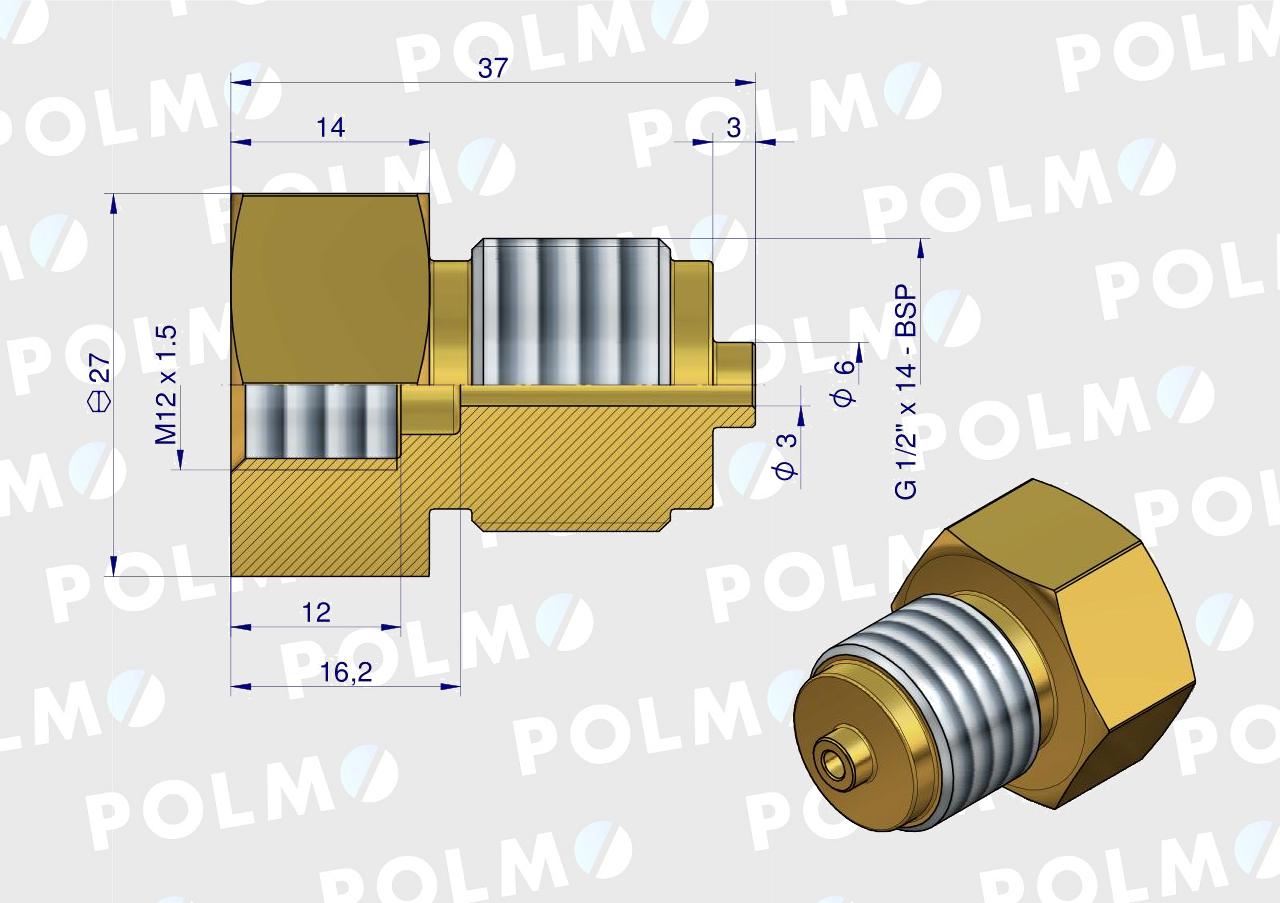 Złączka manometryczna gwint zewnętrzny G1/2" x gwint wewnętrzny M12x1.5 (mosiądz) POLMO
