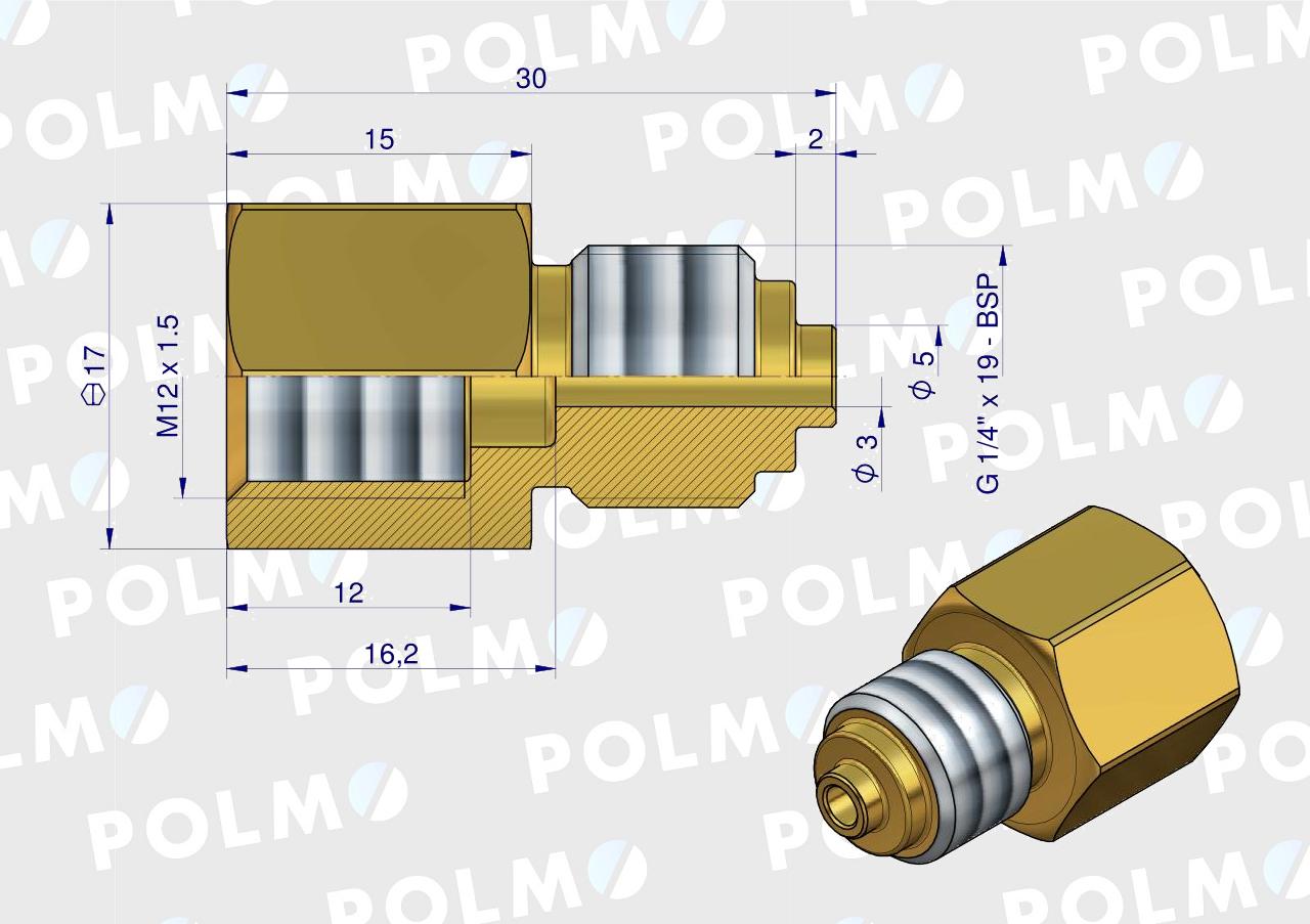 Złączka manometryczna gwint zewnętrzny G1/4" x gwint wewnętrzny M12x1.5 (mosiądz) POLMO