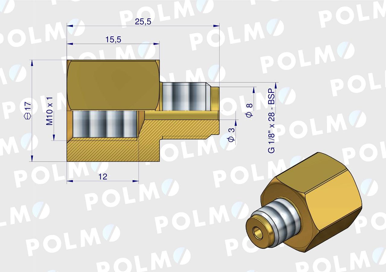 Złączka manometryczna gwint zewnętrzny G1/8" x gwint wewnętrzny M10x1  (mosiądz) POLMO